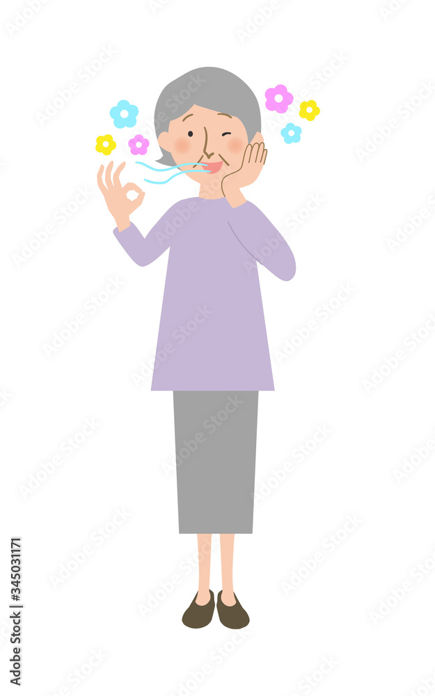 口臭がすっきり爽やかになって笑顔のおばあちゃんのベクターイラスト
