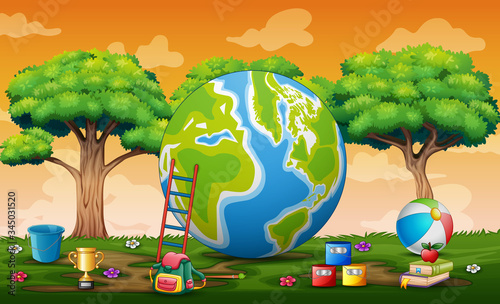 A painted globe on the nature at sunset