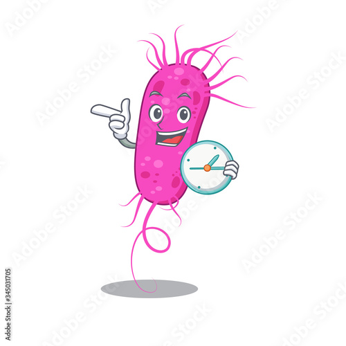 Pseudomoa bacteria mascot design concept smiling with clock