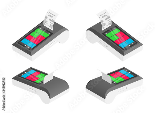 Isometric Multifunctional smart payment terminal with cash register print receipt set. 3d Wireless online cash desk tablet with check collection. Vector payments machine. Online shopping concept