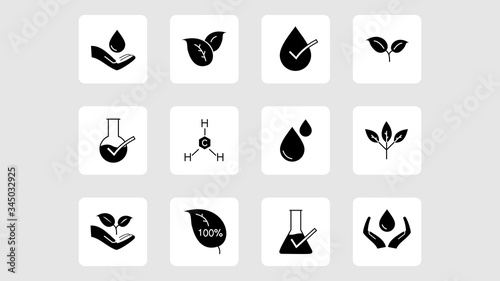organic leaf line icons. Dermatologically tested, Paraben chemical formula icons.vector design