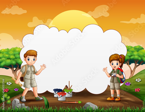 Frame template with happy kids in hiking outfit