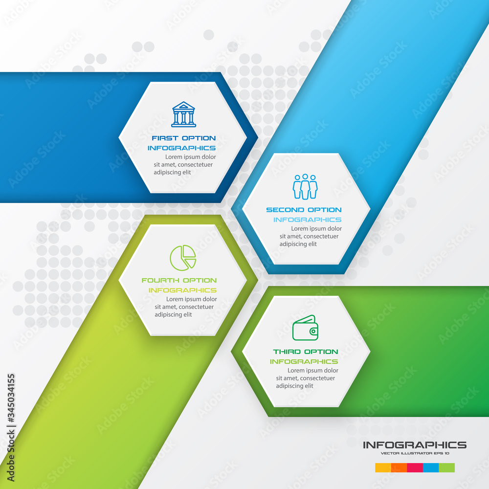 Hexagon business infographics template with 4 options in white color background Hexagon business infographics template with 4 options in white color background
