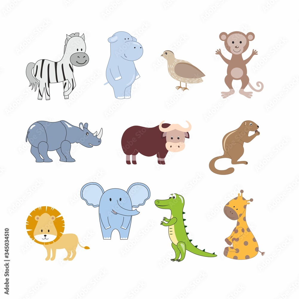 Set of children's illustrations animals of Africa. Hand-drawn clipart of Africa and savanna. Design of children's books, posters, clothing, textiles, rooms, stickers Set of children's illustrations animals of Africa. Hand-drawn clipart of Africa and savanna. Design of children's books, posters, clothing, textiles, rooms, stickers
