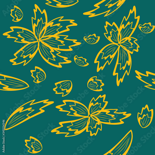 seamless pattern with leaves and flowers linocut style