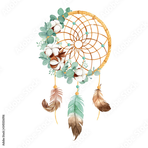Watercolor Boho Dream Catcher with Dried Cotton Flower and Eucalyptus Leaves Perfect for Home decor