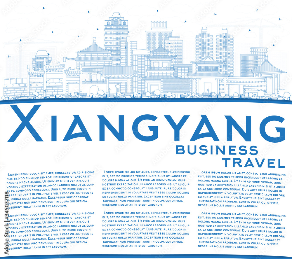 Outline Xiangyang China City Skyline with Blue Buildings and Copy Space.