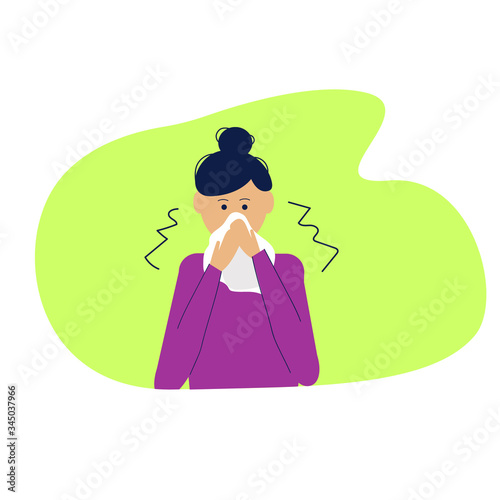 A girl with runny nose or sneeze with handkerchief. Flat vector illustration. Virus, symptom of a flu or allergy.