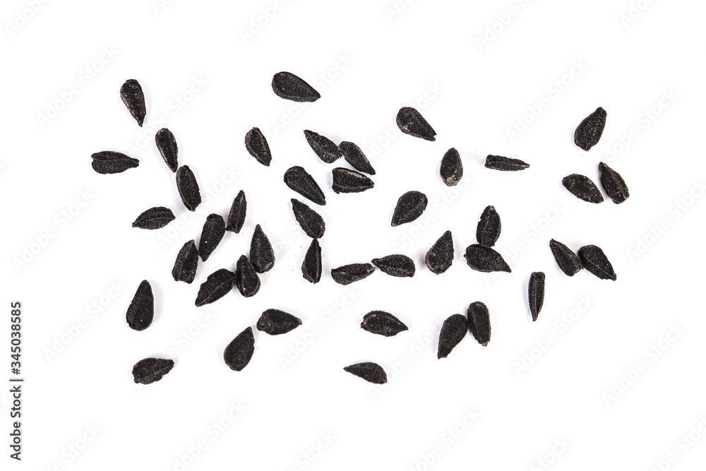 Nigella sativa or Black cumin isolated on white background. Top view. Flat lay.