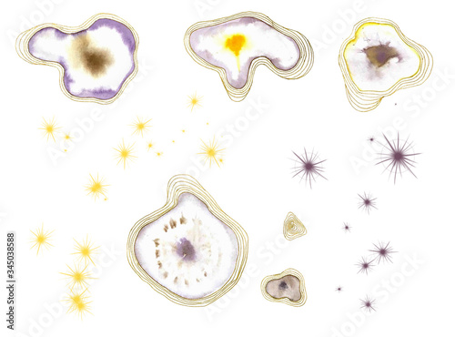 Spots of different shapes in lilac and yellow shades. Stars spread lilac and yellow. Manual watercolor drawing