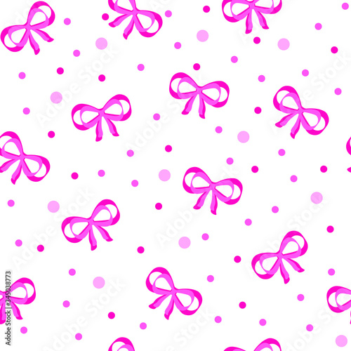 
Pink bright bows on a white background. Ornament for fabric, print, clothing, home decoration, textiles, packaging, gifts. Seamless vector illustration.