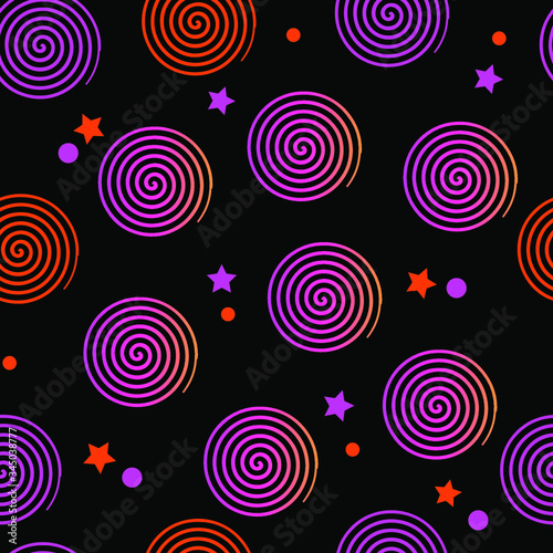 
Multi-colored bright rainbow spirals on a black background. Ornament for fabric, print, clothing, home decoration, textiles, packaging. Seamless vector illustration.