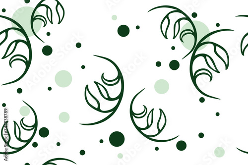 
Green leaves and circles on a white background. Seamless pattern. For fabric, design, wallpaper, textile, packaging. Vector background