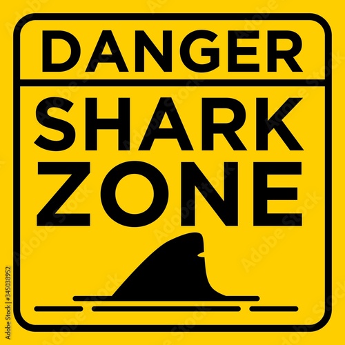 Caution Danger Shark Zone on Beach Yellow Warning Sign