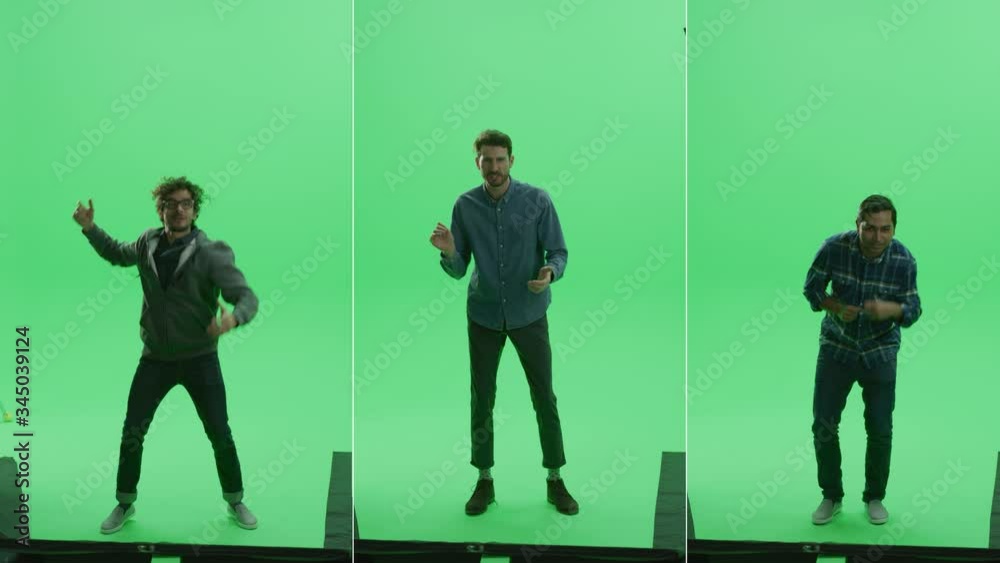 3-in-1 Split Green Screen Studio: Three Handsome Men of Diverse Ethnicity, Different Age Cheering, Dancing, Applauding and Celebrating Victory at Sport Event, Concert, Festival, Party. Front View 3-in-1 Split Green Screen Studio: Three Handsome Men of Diverse Ethnicity, Different Age Cheering, Dancing, Applauding and Celebrating Victory at Sport Event, Concert, Festival, Party. Front View