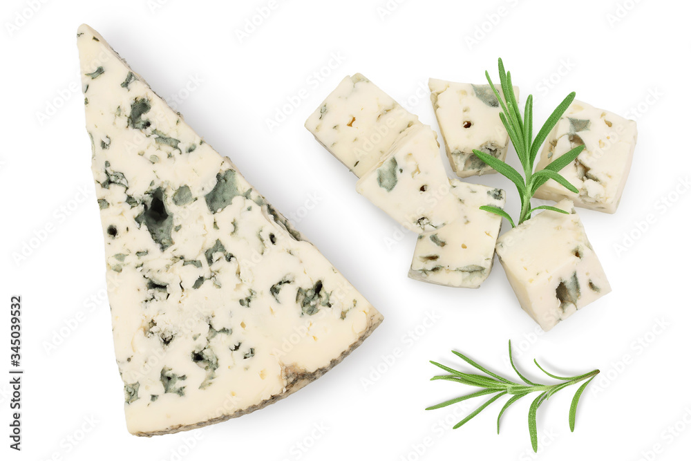 Blue cheese isolated on white background with clipping path and full depth of field. Top view. Flat lay.