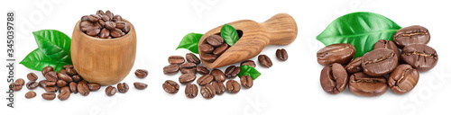 Heap of roasted coffee beans with leaves isolated on white background . Set or collection photo