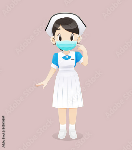 Nursing student wearing a medical mask or surgical mask and a white-blue uniform