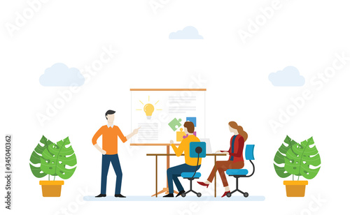 staff training concept with trainee and new employee learning together with modern flat style