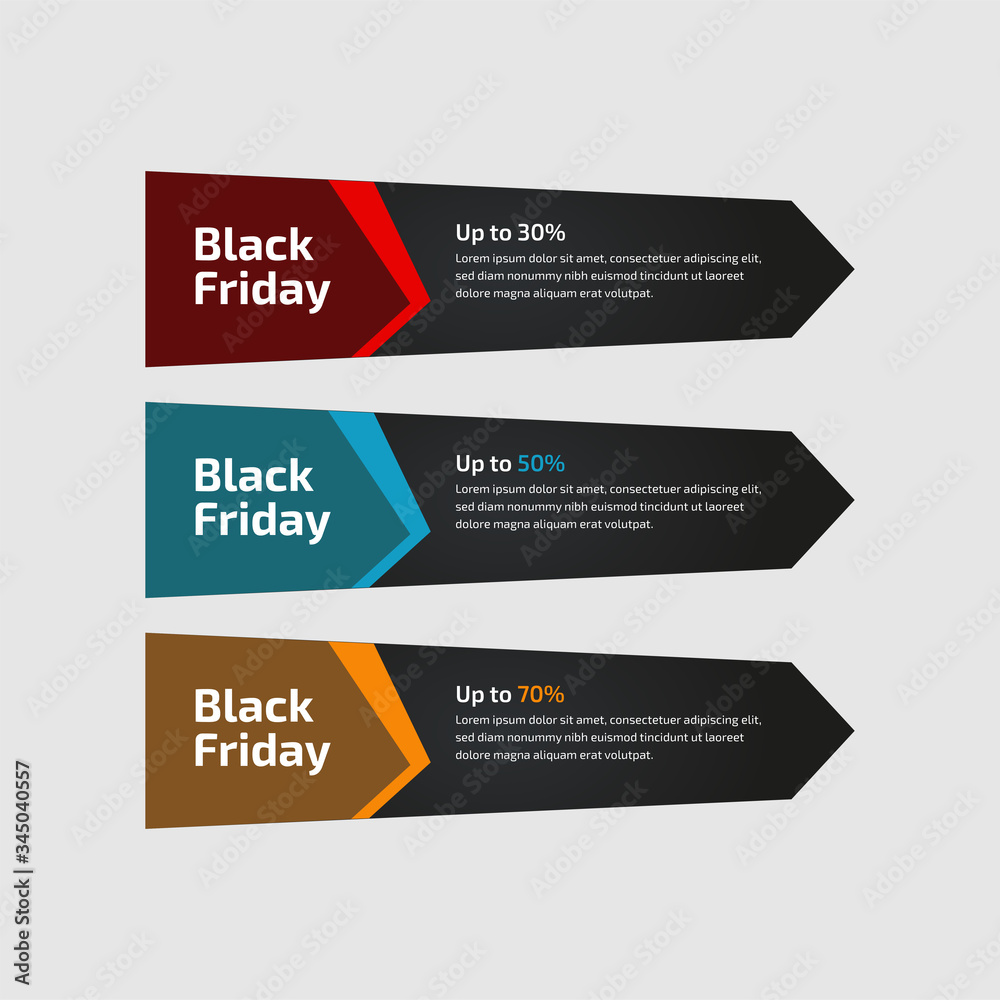 Black Friday up to 30%, 50%, 70%. Banner Design for the sale with red, blue, and yellow colors. Vector illustration. Set of elements of three abstract style on gray background.Elements of infographics