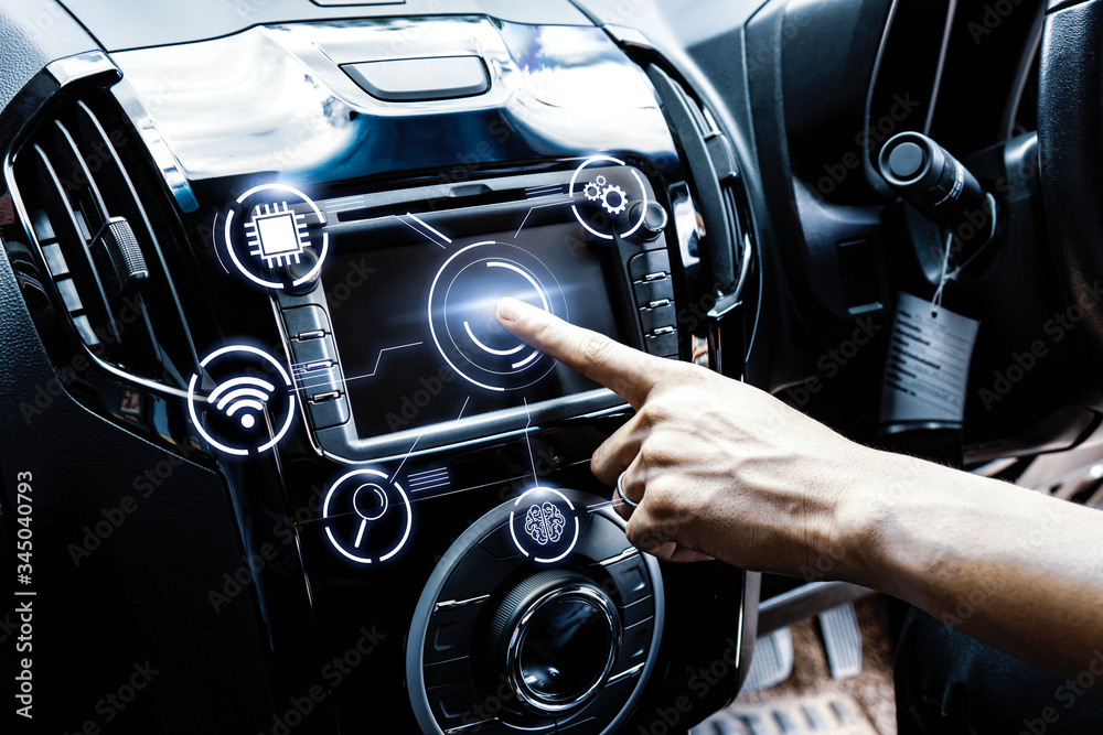 touching interaction car dashboard screen, car interior, controlling