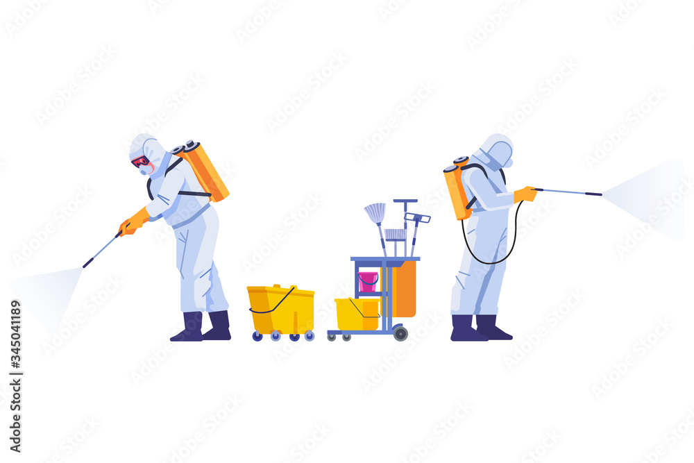 COVID-19 Coronavirus disinfect. Disinfecting workers wear protective masks and spacesuits against pandemic coronavirus or covid-19 sprays. Cartoon style vector illustration isolated background