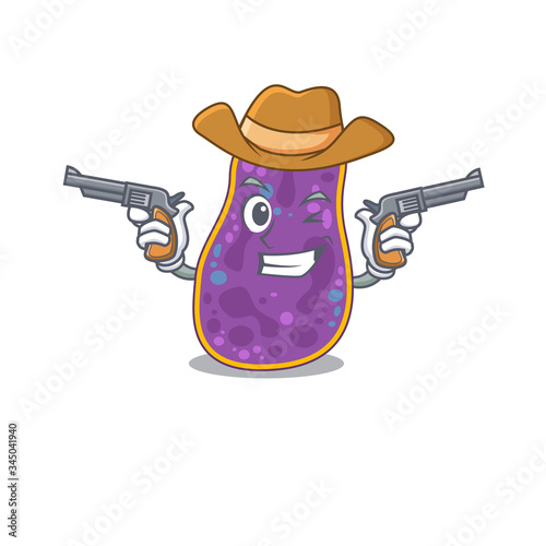 Cute handsome cowboy of shigella sp. bacteria cartoon character with guns