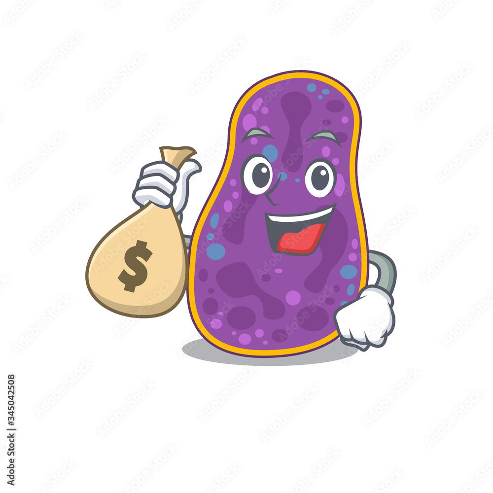 Rich shigella sp. bacteria cartoon design holds money bags Rich shigella sp. bacteria cartoon design holds money bags