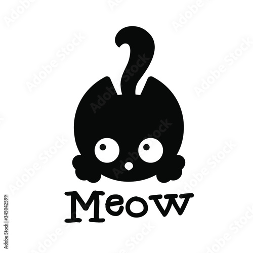 Cute black kitten with "meow" written on it. In a simplified style. For design, postcards, covers, t-shirt prints, and more. Vector image isolated on a white background.