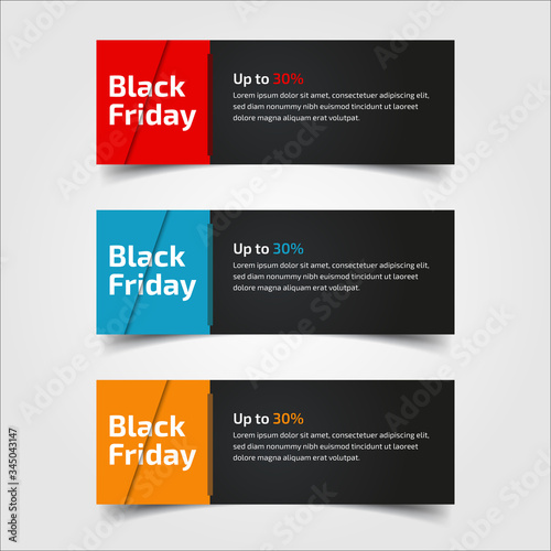 Black Friday up to 30%, 50%, 70%. Banner Design for the sale with red, blue, and yellow colors. Vector illustration. Set of elements of three abstract style on gray background.Elements of infographics © VZ_Art
