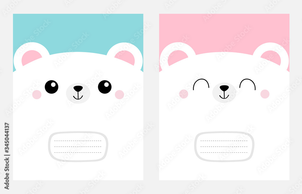 Notebook cover Composition book template. White bear head face square icon set. Cute cartoon kawaii funny character. Pet baby print. Happy Valentines Day. Flat design. Blue pink background.