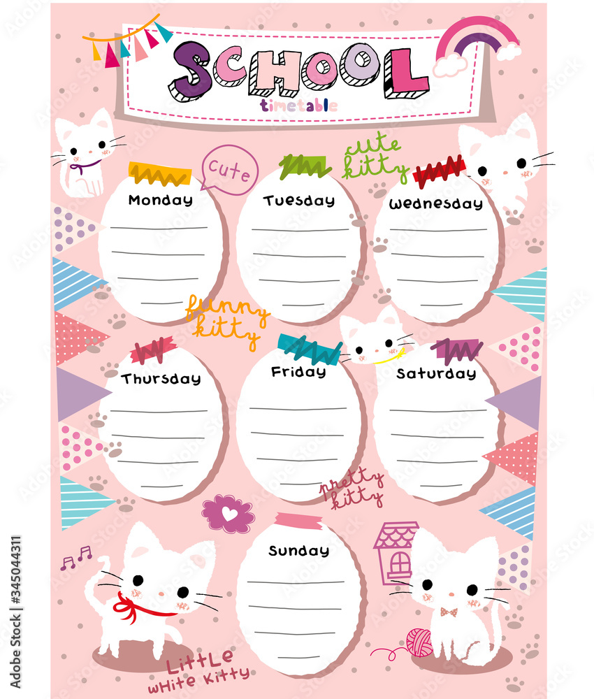 Cute kitty school timetable doodle illustration vector
