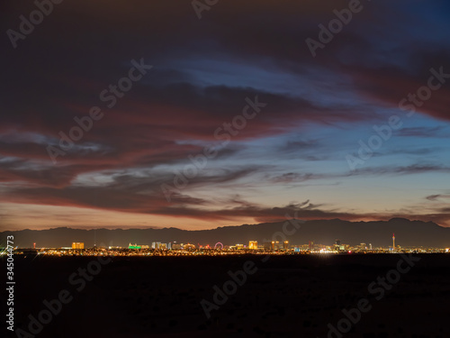 Sunset view of the beautiful strip skyline with red clouds