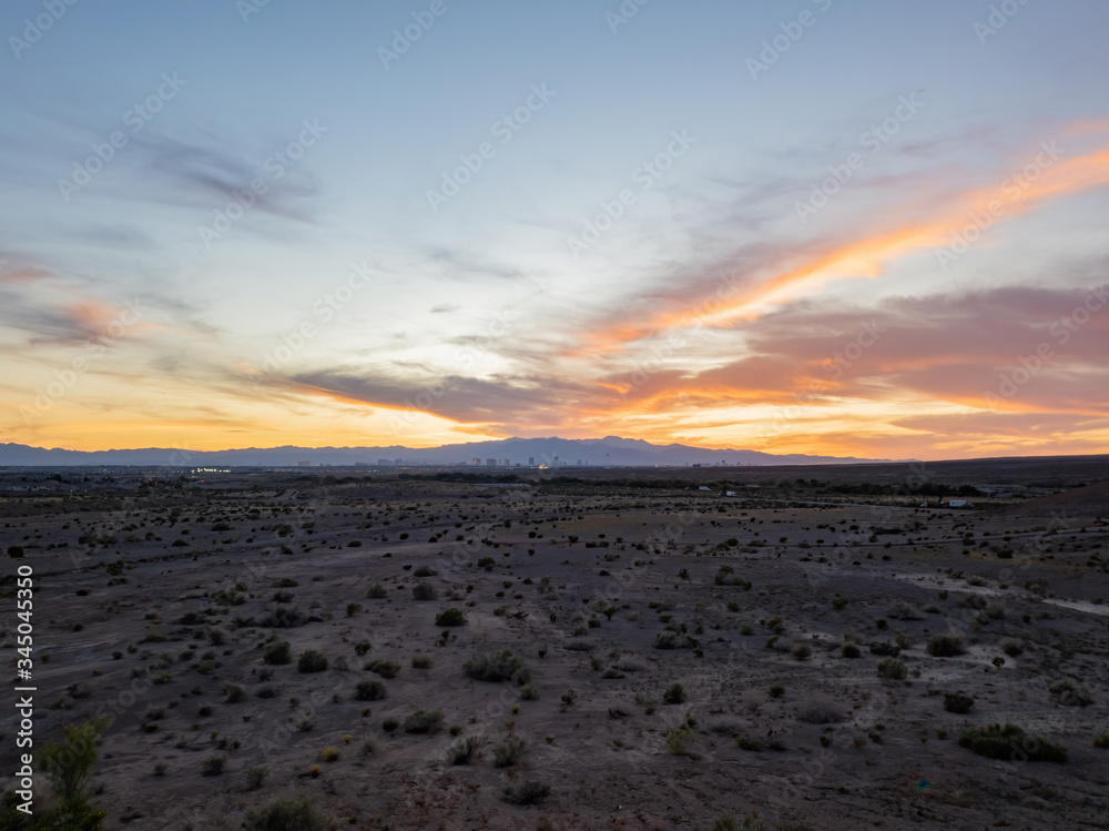 Sunset view of the beautiful strip skyline with red clouds