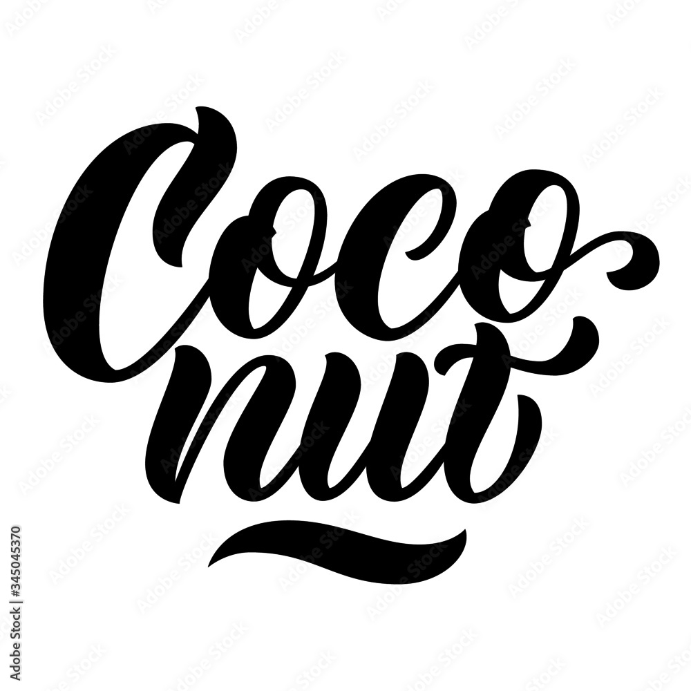 Fototapeta premium Coconut brush hand lettering, script calligraphy isolated on white background. Vector type illustration.