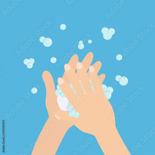 Wash hands with soap soap foam bubble. Cute cartoon character hand body part. Personal hygiene, disease preventio. Stop coronavirus COVID 19. Flat design. Isolated Bllue background