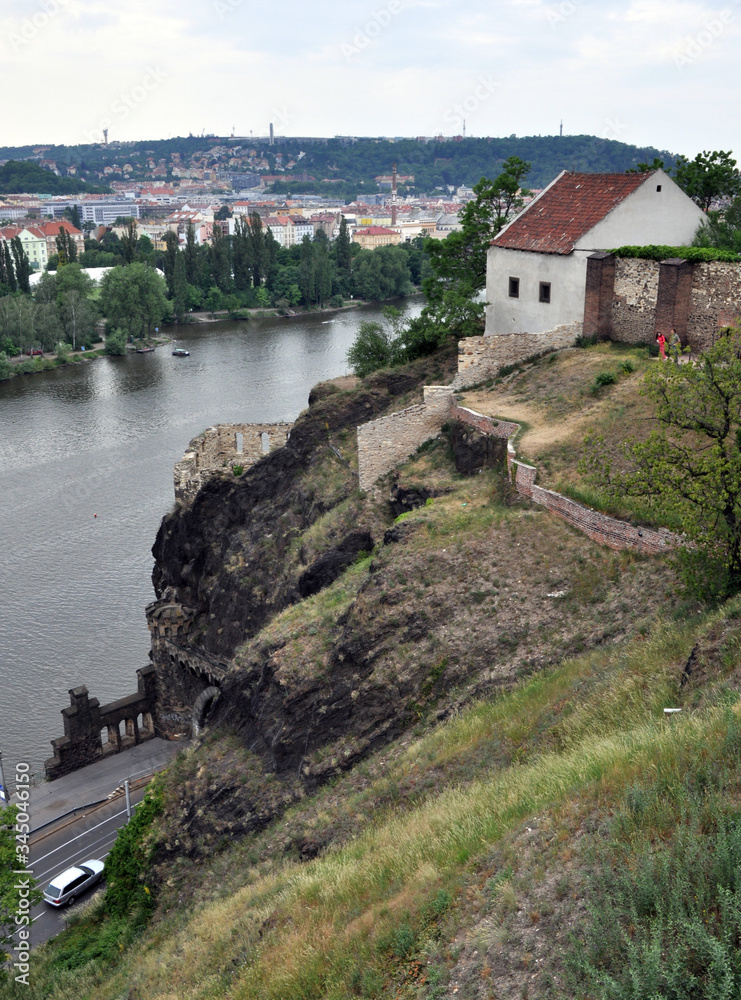 A house on the steep bank of the Vltava. View from Vysehrad. Prague.
