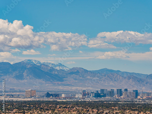 High angle view of the Las Vegas strip skyline and cityscape