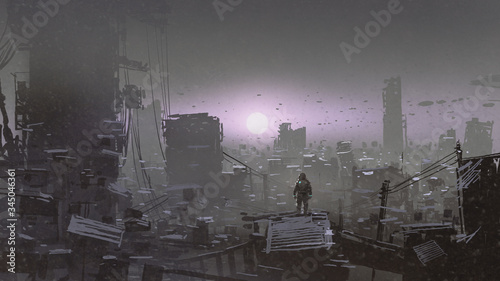 man looking at sunset on a rooftop of the building in the post-apocalyptic world, digital art style, illustration painting photo