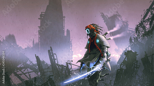 robot with glowing sword standing alone in the apocalyptic city, digital art style, illustration painting