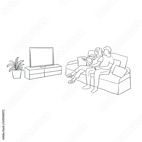 Hand drawn vector illustration. Loving couple are sitting at couch and watching television during stay at home. Relaxation concept. Black outline graphic picture isolated in white. Doodle style