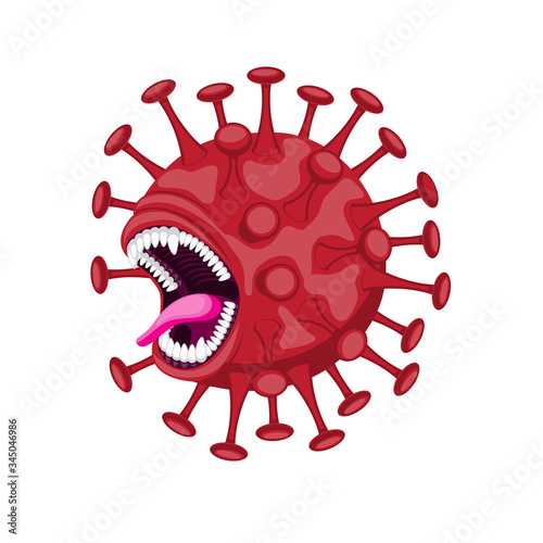 Cartoon virus with open mouth and teeth on a white isolated background. Vector image