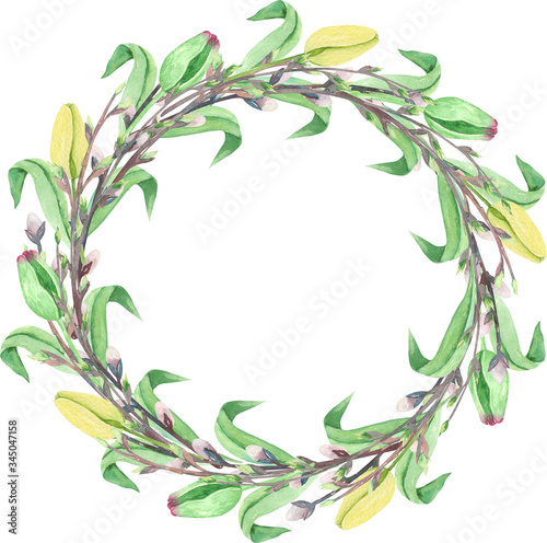 Watercolor pink tulips  leaves  willow  wreath. Spring flower.