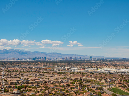 High angle view of the Las Vegas strip skyline and cityscape