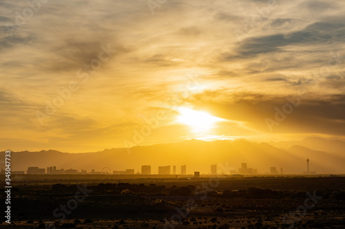 Sunset view of the beautiful strip skyline with red clouds