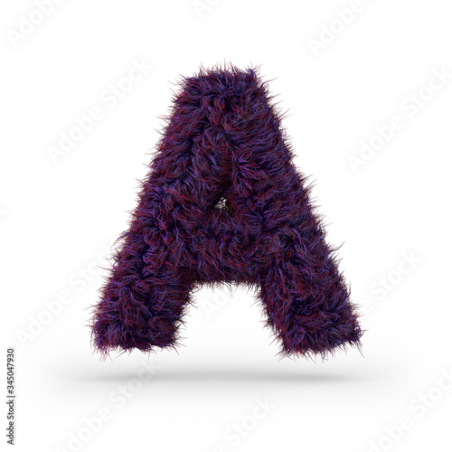 Capital letter A. Uppercase. Purple fluffy and furry font. 3D
