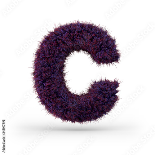 Capital letter C. Uppercase. Purple fluffy and furry font. 3D