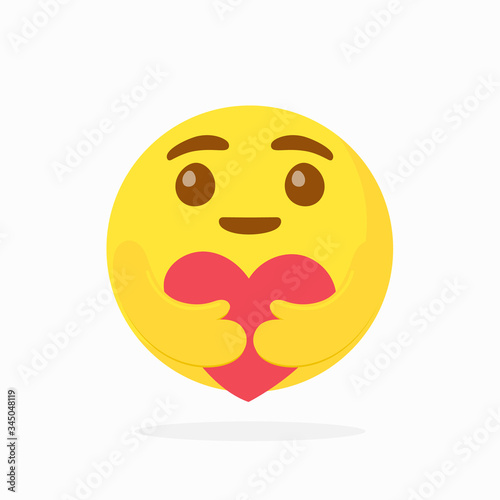 Care emoji in flat design style with large puppy eyes hugging a red heart with both hands. Shows care and support, can help to express care for loved ones who are a long distance away