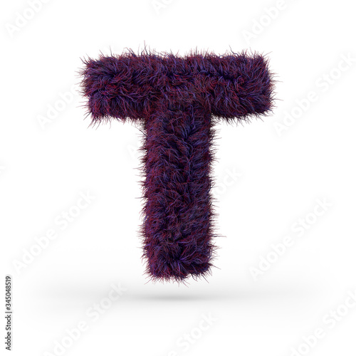 Capital letter T. Uppercase. Purple fluffy and furry font. 3D