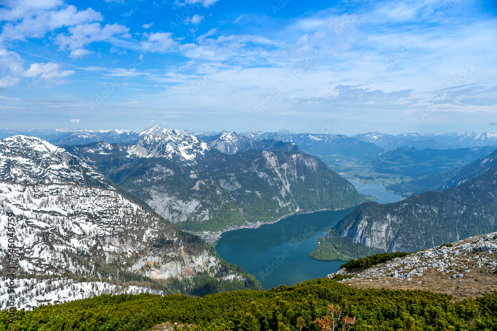 View of the Alps and Hallstatter Lake from the top of Krippenstein, Dachstein, Austria.